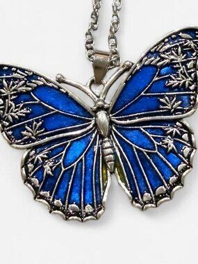 Royal Blue Butterfly Pendant Necklace Silver Tone 16" Chain
